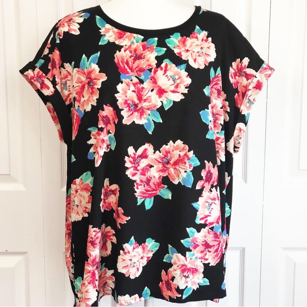 Ellen Tracy Black Multicolor Floral Print Cap Sleeve Blouse Size 1X